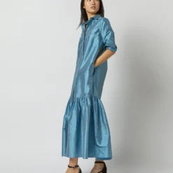Manon Dress In Steel Blue Silk Shantung -Modezzia Sales S72255 9737