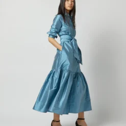 Manon Dress In Steel Blue Silk Shantung -Modezzia Sales S72255 9789