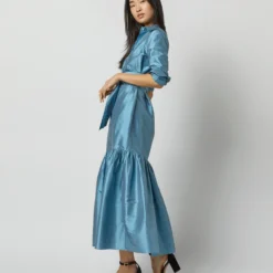 Manon Dress In Steel Blue Silk Shantung -Modezzia Sales S72255 9821